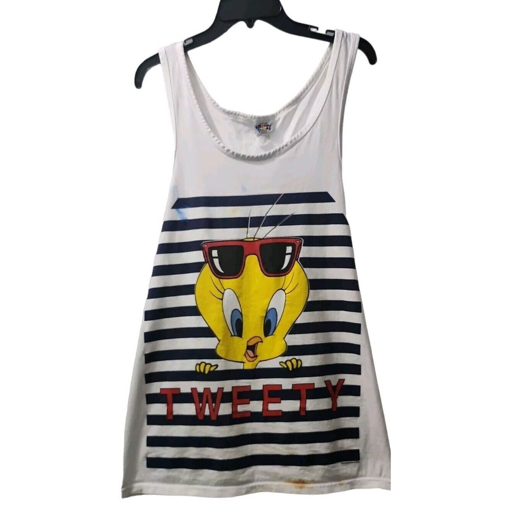 Looney Tunes Tweety Tank Top Striped Sleeveless‎ Cartoon Graphic White S